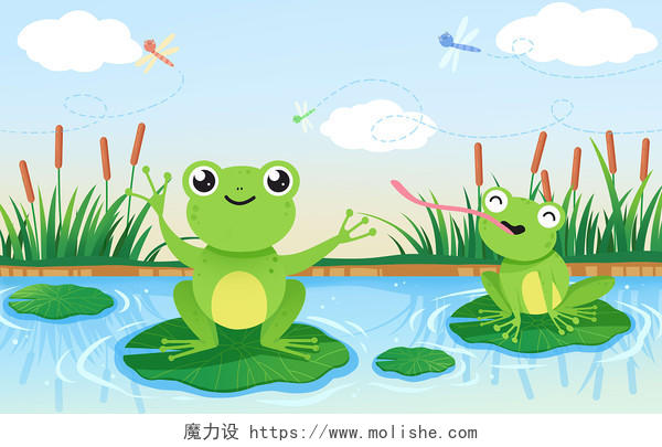 蓝色卡通池塘青蛙大自然插画
